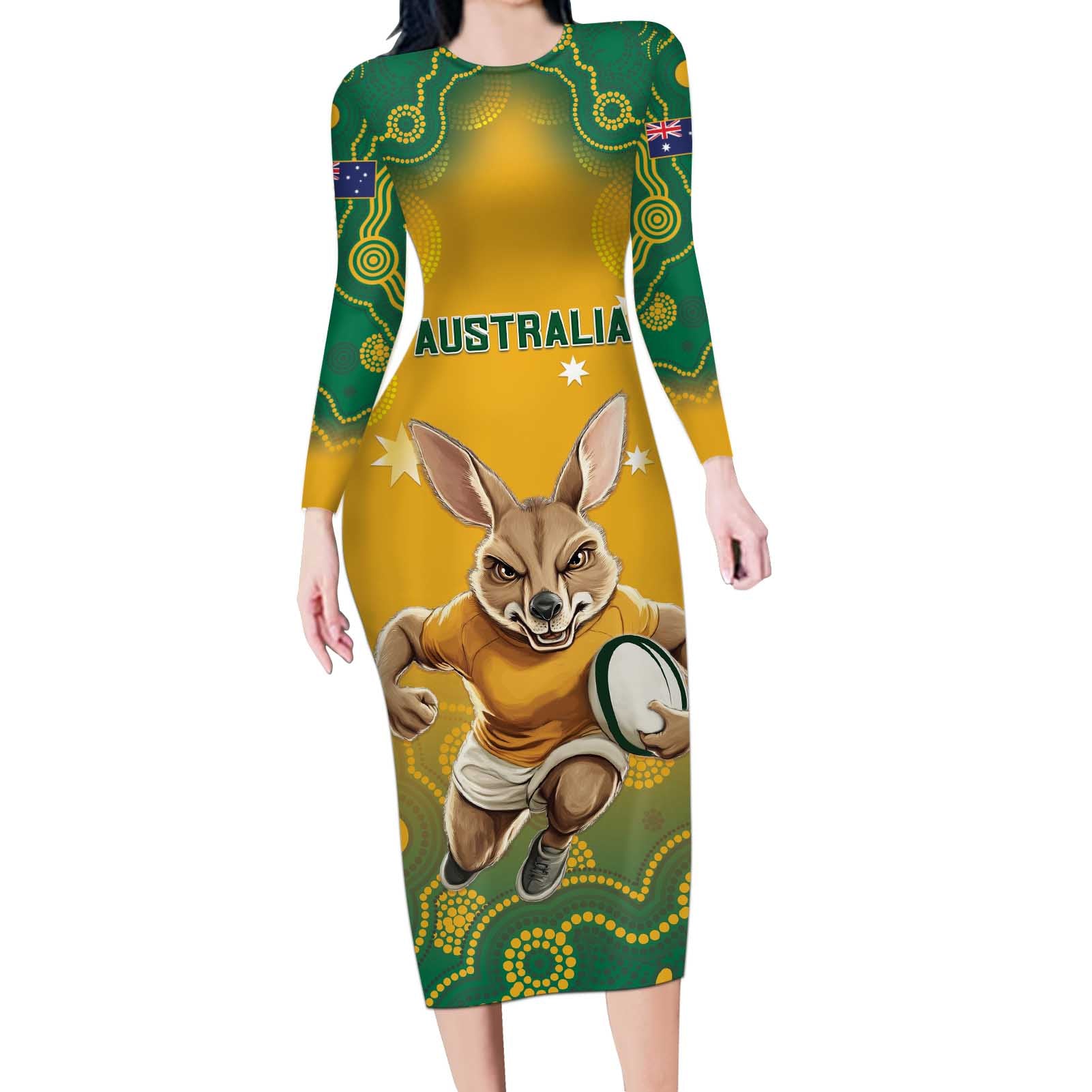 Custom Australia Rugby 2024 Long Sleeve Bodycon Dress Go Wallabies Aboriginal Pattern LT05 - Wonder Print Shop