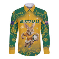 Long-sleeve button rugby shirt in yellow and green with kangaroo and Australia graphic