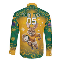 Back of long-sleeve button rugby shirt: green and yellow kangaroo with YOUR TEXT, 05