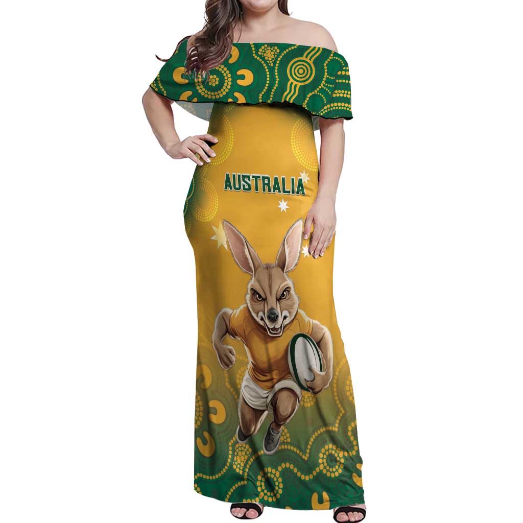 Custom Australia Rugby 2024 Off Shoulder Maxi Dress Go Wallabies Aboriginal Pattern LT05 - Wonder Print Shop