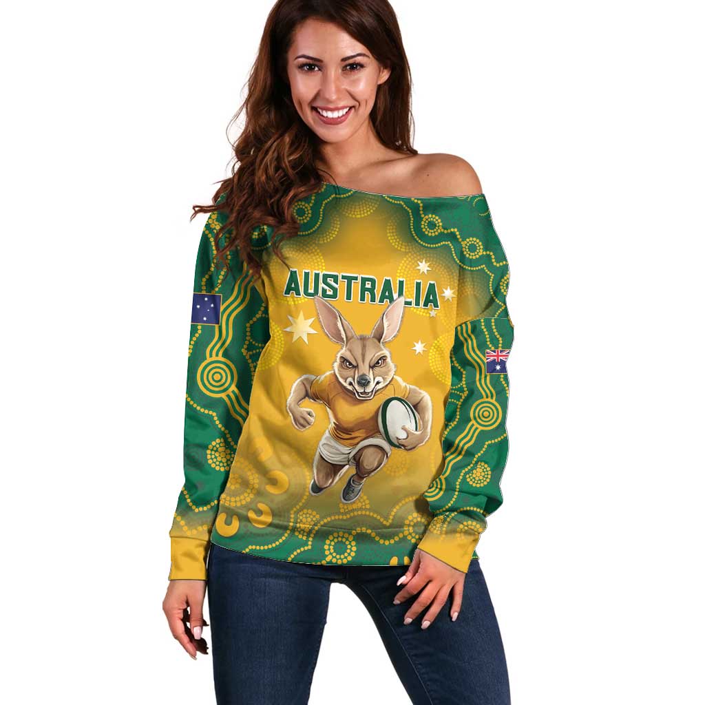 Custom Australia Rugby 2024 Off Shoulder Sweater Go Wallabies Aboriginal Pattern LT05 - Wonder Print Shop