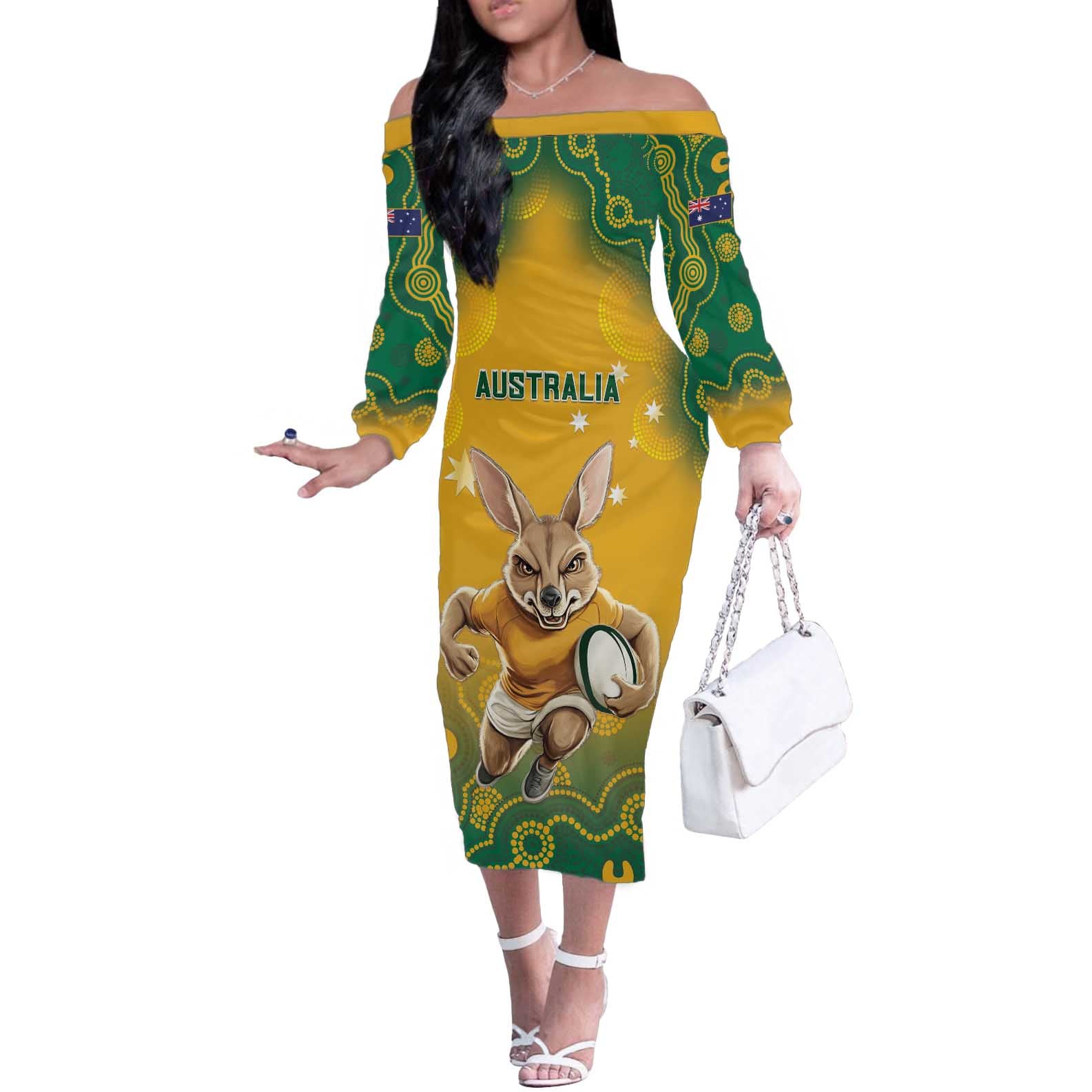 Custom Australia Rugby 2024 Off The Shoulder Long Sleeve Dress Go Wallabies Aboriginal Pattern LT05 - Wonder Print Shop