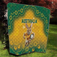 Yellow quilt blanket with green decorative border, Australia text and kangaroo graphic, quilted