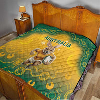Yellow and green quilt blanket with Australia text and kangaroo running graphic, quilted