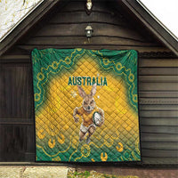 Yellow quilt blanket with Australia text and kangaroo holding football graphic, quilted