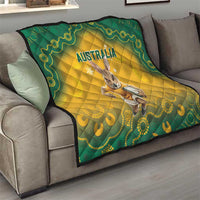 Yellow quilt blanket with green border, Australia text and kangaroo graphic, quilted for sofa