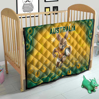 Yellow quilt blanket with green border, Australia text and kangaroo graphic, quilted for bed