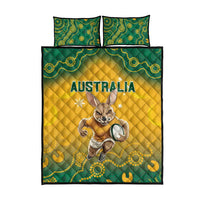 Australia quilt bed set with central kangaroo holding rugby, green patterned pillows