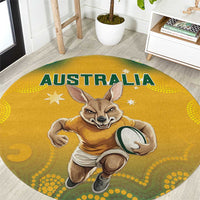 Yellow round wallabies rug with AUSTRALIA text and kangaroo holding a rugby ball