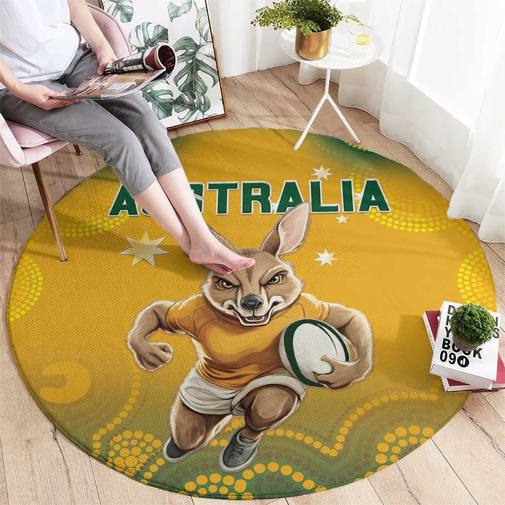 Yellow round rug with AUSTRALIA text and kangaroo holding a rugby ball, close-up