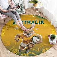 Yellow round rug with AUSTRALIA text and kangaroo holding a rugby ball, close-up