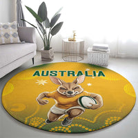 Yellow round rug with AUSTRALIA lettering and kangaroo rugby ball mascot, full view
