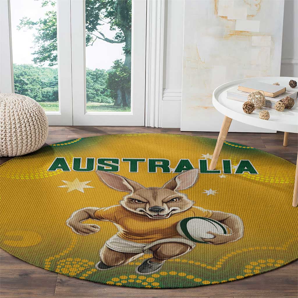 Yellow round rug featuring AUSTRALIA text and a running kangaroo holding a rugby ball