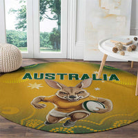 Yellow round rug featuring AUSTRALIA text and a running kangaroo holding a rugby ball