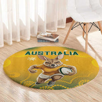 Yellow round Australia wallabies rug with AUSTRALIA lettering and kangaroo rugby ball graphic