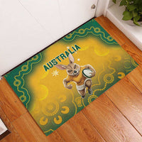 Australia rubber doormat, yellow design with green border and kangaroo rugby player illustration
