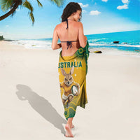 Yellow-green sarong with Australia text and kangaroo graphic, tied wrap skirt