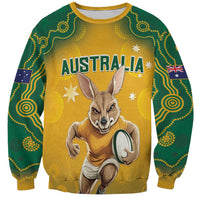 Yellow and green sweatshirt with kangaroo holding rugby ball and Australia graphic
