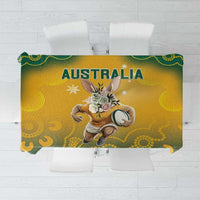 Yellow and green Aboriginal pattern tablecloth with Australia-themed graphic panel