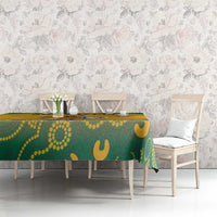 Yellow and green Aboriginal pattern tablecloth with cacti-style motifs