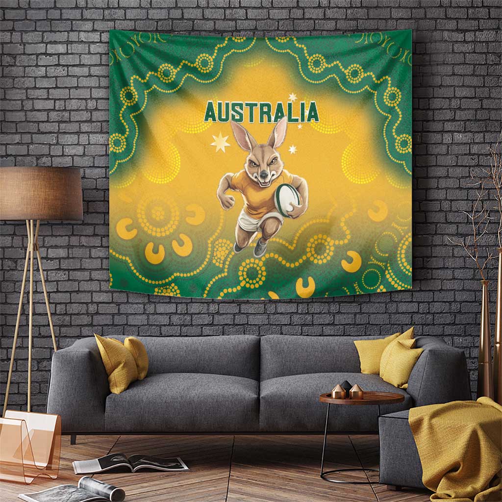 Hanging wall tapestry with green border, yellow field, and running kangaroo graphic