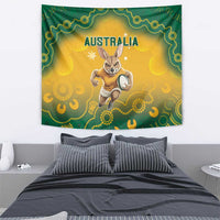 Rectangular wall tapestry with green top border, yellow center, and Australia title above kangaroo