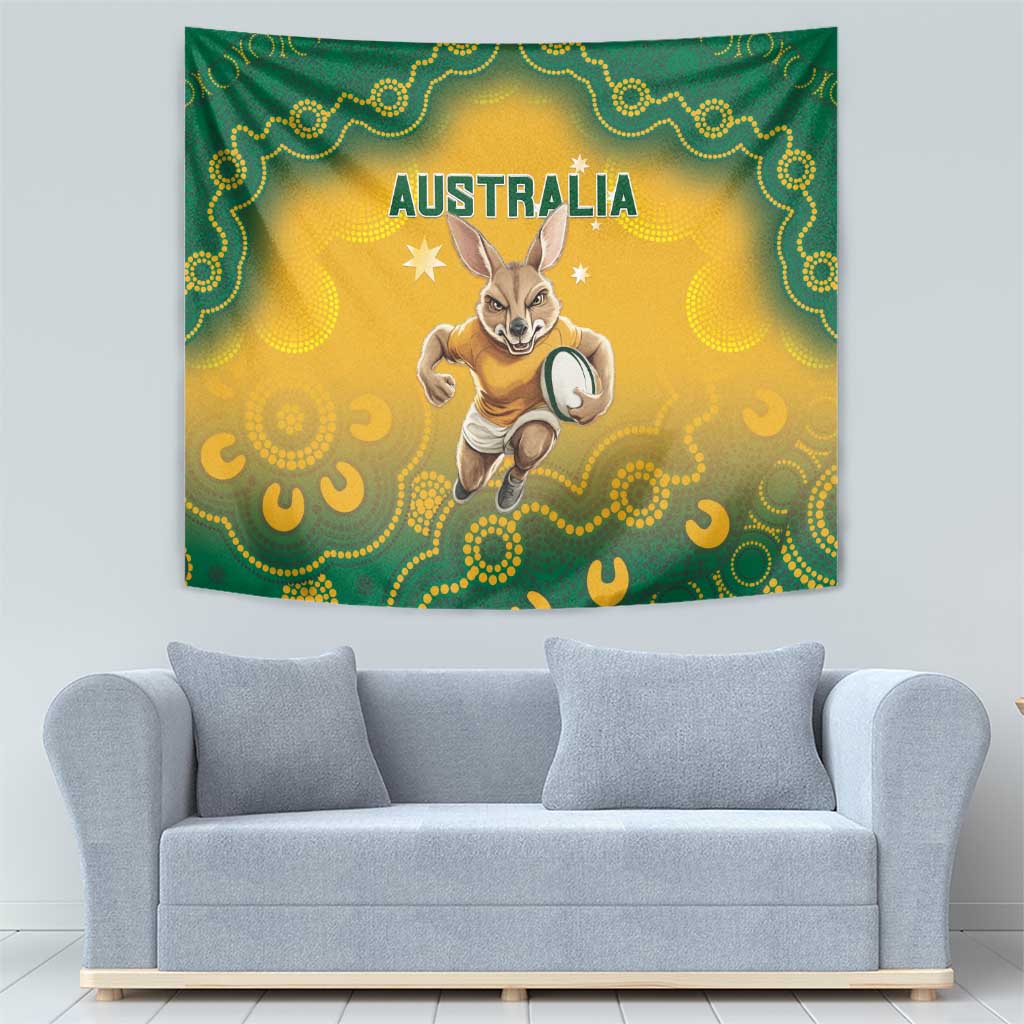 Large wall tapestry with green dotted border, yellow field, and Australia text with kangaroo