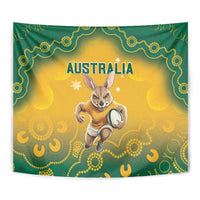 Rectangular wall tapestry with green dotted border, yellow background, running kangaroo