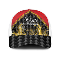 Red and black mesh trucker cap with St.Kitts & Nevis Patriots logo and flames