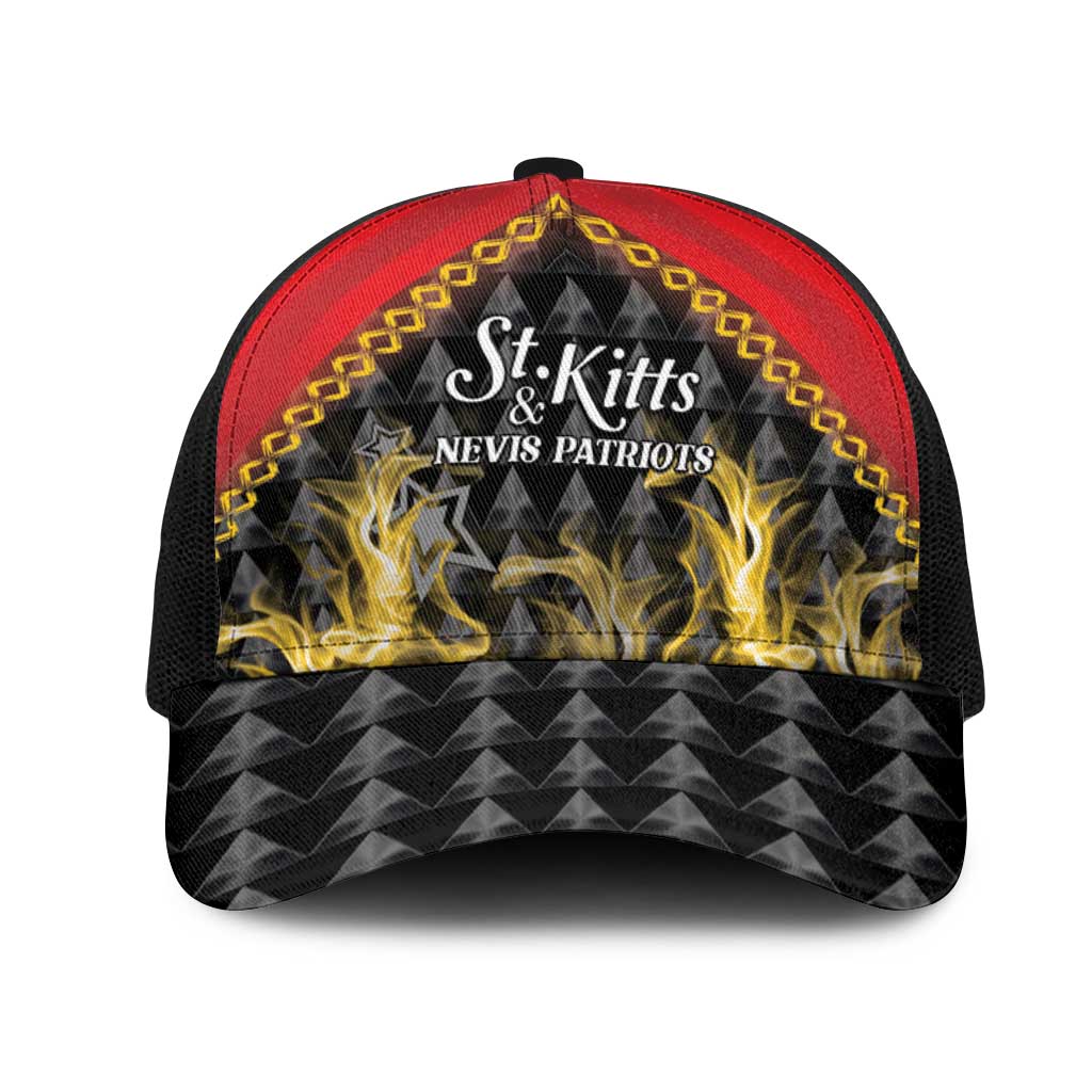 Black mesh trucker cap with red front, St.Kitts & Nevis Patriots logo and flames