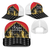 Mesh trucker cap set with red flame graphic; front and back views in white/black mesh