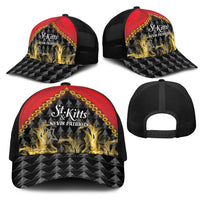 Black mesh trucker cap with red front panel and St.Kitts & Nevis Patriots flames