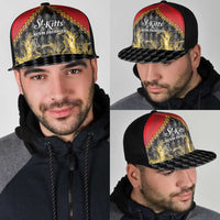 Red-front mesh trucker cap with flame graphic and logo; side and front views