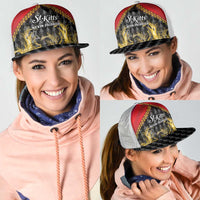 Mesh trucker cap with red flame graphic and St.Kitts & Nevis Patriots logo, worn