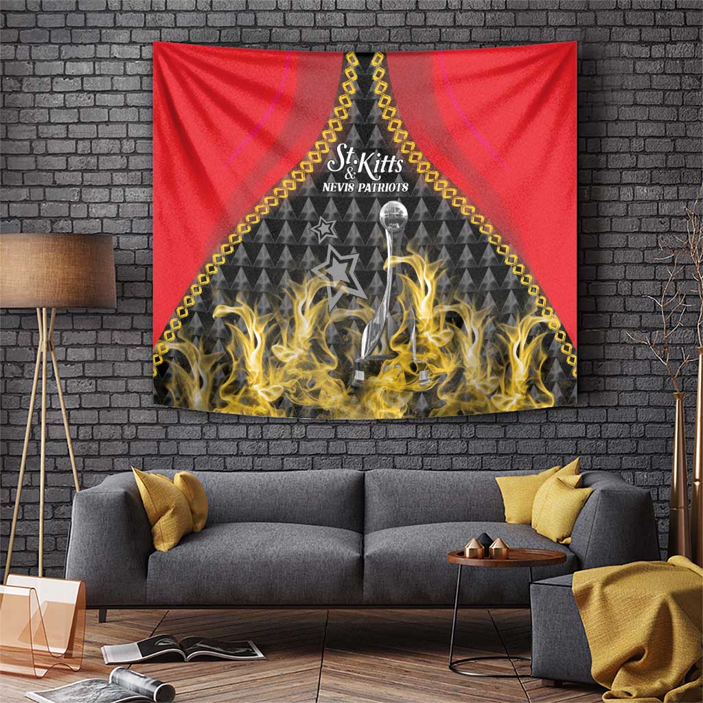 Red cricket tapestry: trophy with yellow flames, gold border, St Kitts Nevis Patriots.