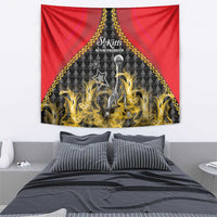 Red cricket tapestry with centered trophy, yellow flames, gold trim, St Kitts Nevis Patriots.