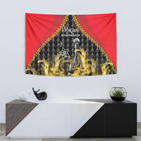 Red cricket wall tapestry featuring trophy, yellow flames, gold edging, St Kitts Nevis Patriots.