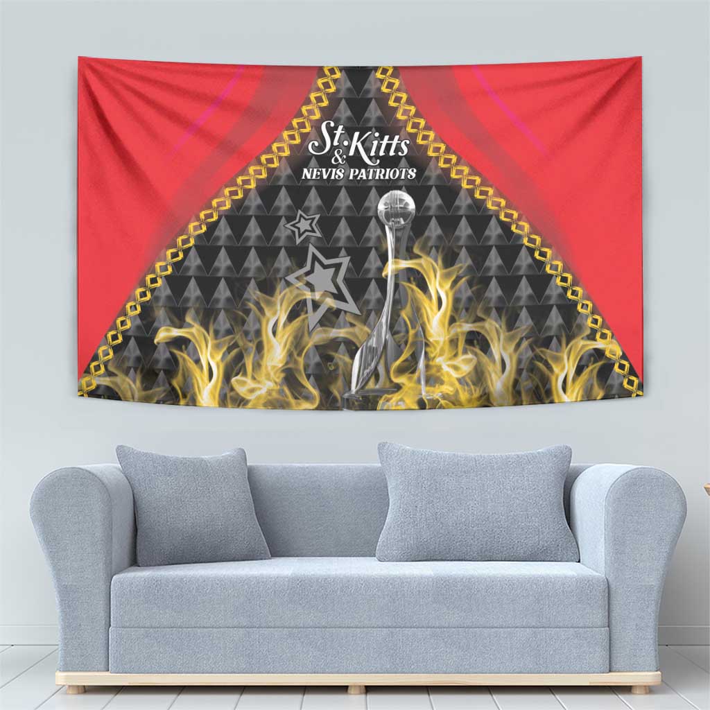 Red cricket tapestry with trophy and yellow flames under gold-trimmed geometric triangle.