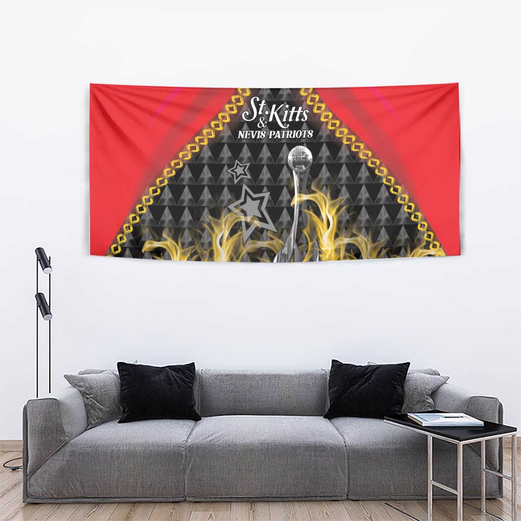 Red cricket tapestry: trophy in flames with gold border and St Kitts Nevis Patriots text.