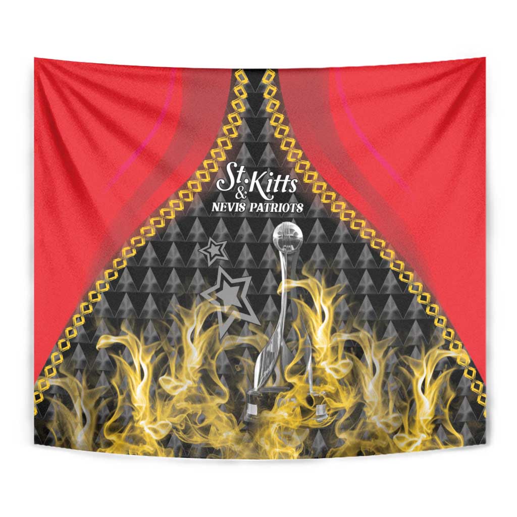Close-up red cricket tapestry with trophy, yellow flames, and gold-trimmed geometric design.