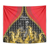 Close-up red cricket tapestry with trophy, yellow flames, and gold-trimmed geometric design.