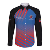 Cricket button-up shirt, blue and red striped front with Falcons logo, black sleeves