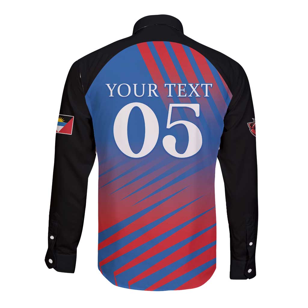 Cricket button-up shirt back, blue and red stripes with 'YOUR TEXT' and 05