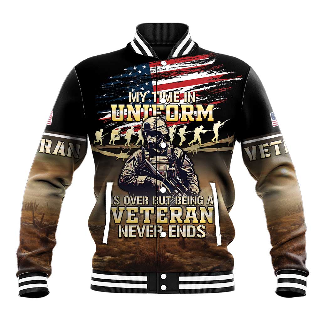 Mens baseball jacket with black, gold-brown gradient and large patriotic front graphic