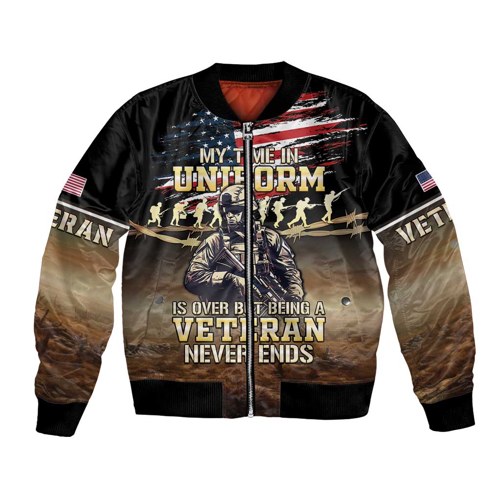 Black bomber jacket with full-zip front, ribbed cuffs, and US flag veteran graphic