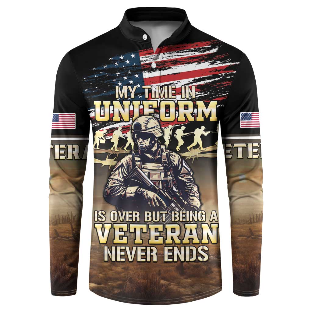 Men's black button henley sweatshirt, front U.S. flag graphic with uniform and veteran quote