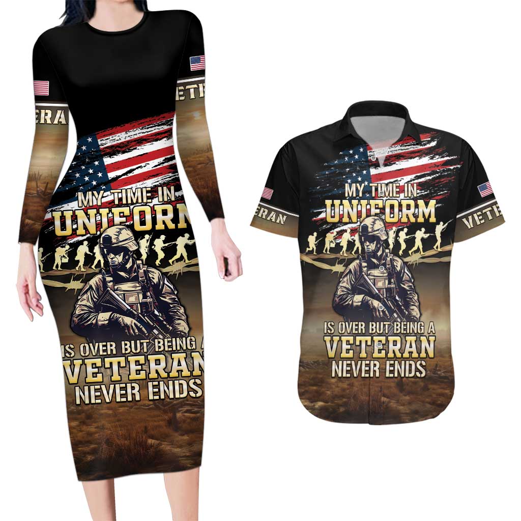 United States Veterans Day Couples Matching Long Sleeve Bodycon Dress and Hawaiian Shirt Thank You Veterans Proud US Flag LT05 - Wonder Print Shop