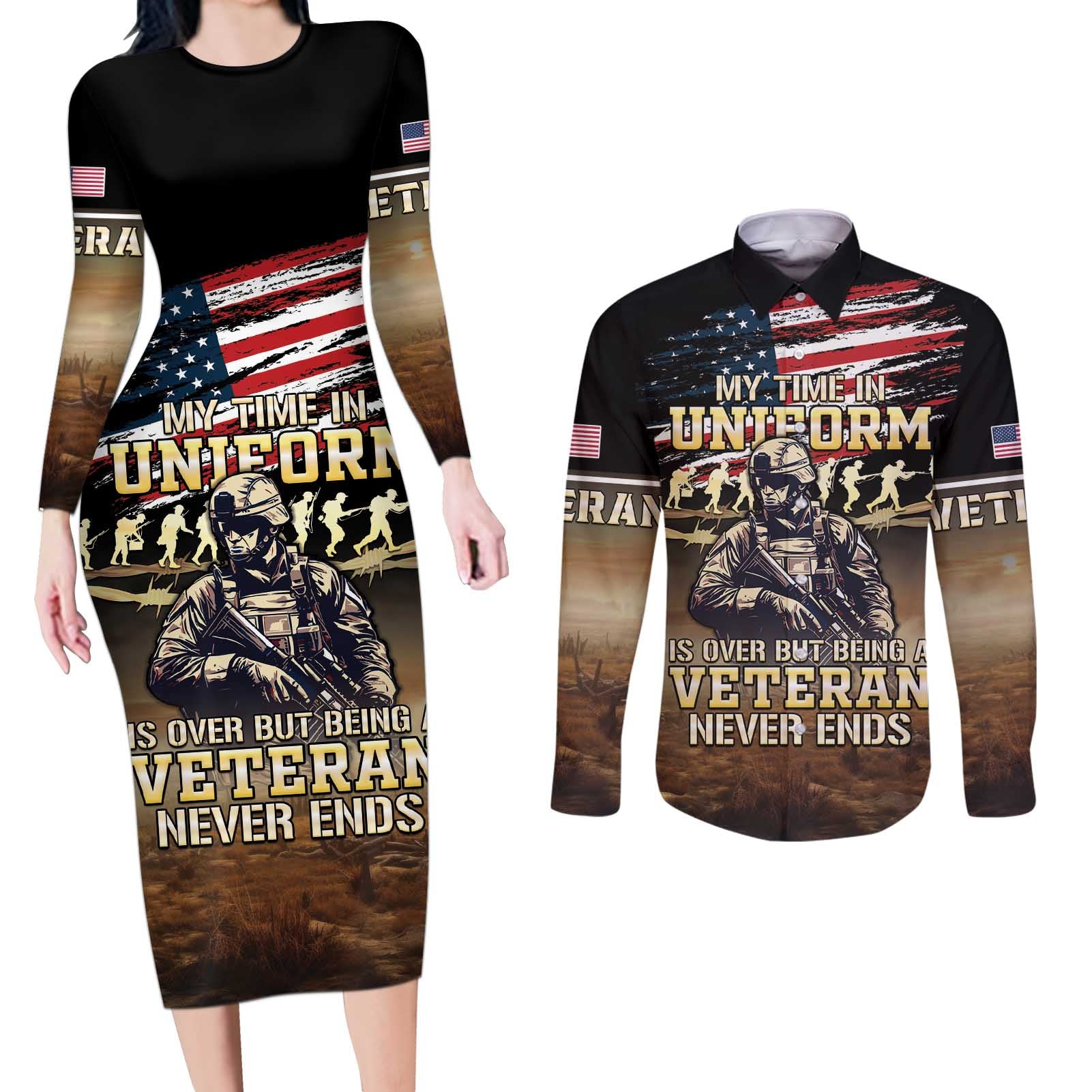 United States Veterans Day Couples Matching Long Sleeve Bodycon Dress and Long Sleeve Button Shirt Thank You Veterans Proud US Flag LT05 - Wonder Print Shop