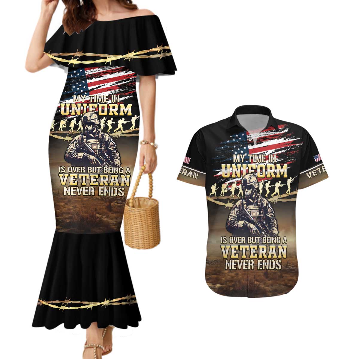 United States Veterans Day Couples Matching Mermaid Dress and Hawaiian Shirt Thank You Veterans Proud US Flag LT05 - Wonder Print Shop