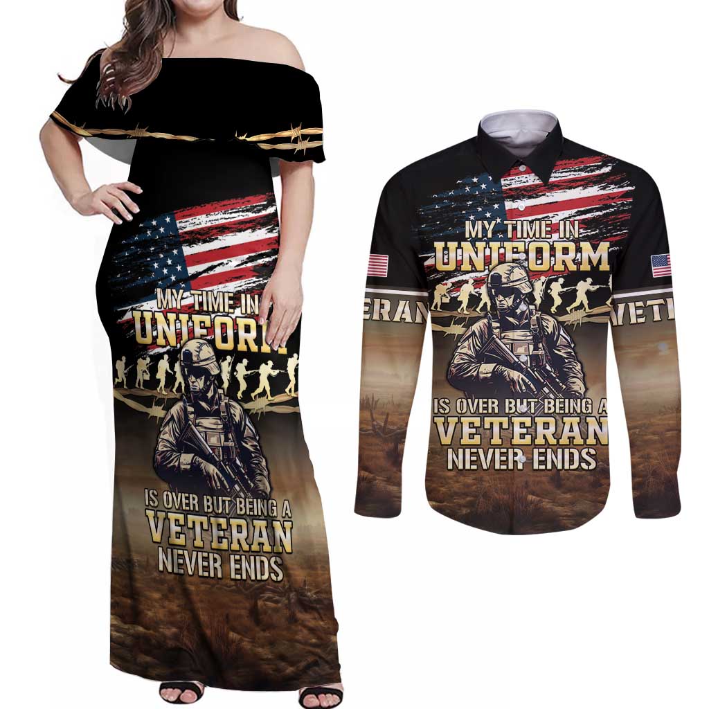 United States Veterans Day Couples Matching Off Shoulder Maxi Dress and Long Sleeve Button Shirt Thank You Veterans Proud US Flag LT05 - Wonder Print Shop